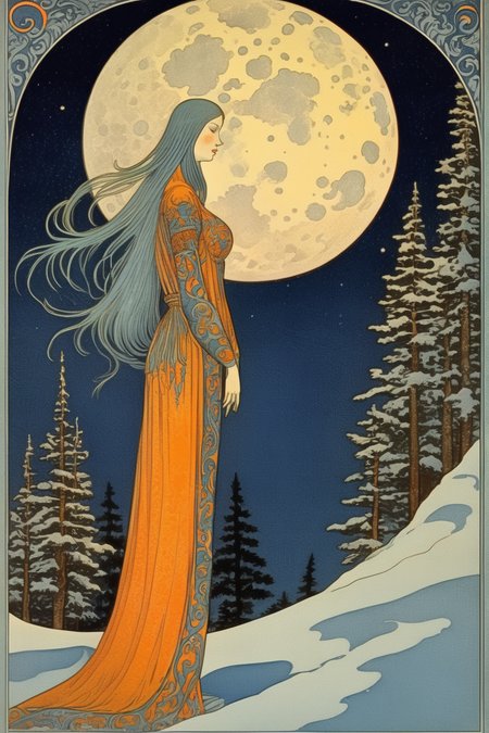 <lora:Ivan Bilibin Style:1>Ivan Bilibin Style - a sharp edged vintage lithograph illustration of a moon woman