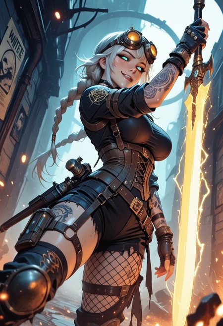 highres, very detailed, amazing quality, masterpiece, very aesthetic, glitter, particle effect, 1girl, solo, beautiful eyes, tan skin, double braided ponytail, tattoo, arm tattoos, neck tattoos, chest tattoos, skimpy top, body strap harness, fishnets under clothing, asymmetrical clothing, asymmetrical, large breasts, choker, seducing, seductive, flirty, tender, loving, playful,
steampunk combat mage, tactical gear fused with arcane design, glowing brass fittings, enchanted utility belts, belts with vials of glowing liquid, arcane badge on hip, goggles pushed up on head, armored fingerless gloves, corset-integrated spell amplifier, glowing circuitry tattoos, magical police emblem, asymmetrical clothing, 
charging a spell in one hand, glowing spellblade, magical dagger, arcane energy weapon, blade crackling with magic, enchanted blade, spell channeling through weapon, glowing runes etched into blade, electricity and flame swirling violently, intense smirk, eyes glowing with arcane authority, foreshortening on outstretched arm casting forward, spell circle forming at viewer POV, smoke and debris rising around her boots,
ruined steampunk city, flickering streetlamps, shattered clockwork constructs around her feet, runes glowing on walls, wanted posters fluttering in spellshock wind, embers drifting in the air, dramatic orange/blue contrast lighting,
angle from below, cinematic lighting, dramatic depth of field, sparks and ash particles in foreground for motion blur