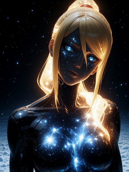 masterpiece, amazing quality, best quality, ultra-detailed, 8K, ultra-detailed-eyes, newest, highres, absurdres, volumetric lighting, raytracing, soft lighting, bloom effect, glow, shining, intricate cinematic background, 1girl, solo, <lora:SpaceGoddess:1> sp4ce-g0dd3ss, upper body, cold, ice, light, (glowing hair), stars, nebula, long hair, hair over shoulder, milf, looking at viewer, head tilt, glowing chest, face in shadow, black body, samus, blonde hair, blue eyes, zerosuit, ponytail, <lora:reij-rt:1> <lora:spo_sdxl_10ep_4k-data_lora_webui:1>