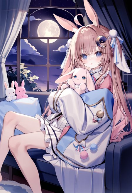 masterpiece, best quality, <lora:yoggiXL_ANI31_lokr_V43P1:0.95>  1girl, animal ears, moon, solo, long hair, looking at viewer, window, rabbit ears, hair ornament, star \(symbol\), sleeves past wrists, purple eyes, sky, ahoge, star \(sky\), stuffed rabbit, rabbit, long sleeves, full moon, brown hair, night, stuffed toy, jacket, holding, sitting, feet out of frame, indoors, blue eyes, parted lips, dress, stuffed animal, cloud, off shoulder, curtains, frills, starry sky, night sky, :o, pom pom hair ornament, white jacket, pom pom \(clothes\), couch, open clothes, virtual youtuber, crescent, blush, heart, pillow, pink hair, puffy long sleeves, flower, open jacket, rabbit girl