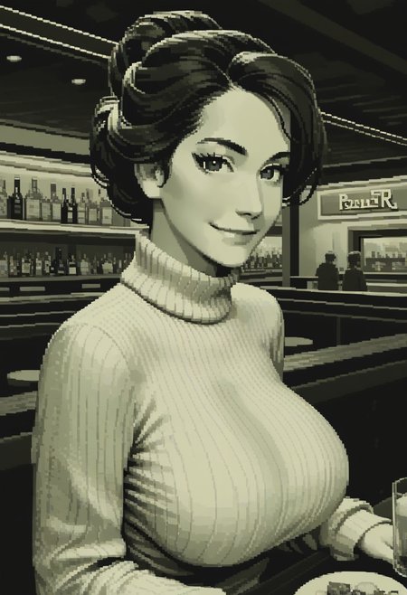 score_9, score_8_up, 
green theme, monochrome, pixel, source_anime, bold lines, flat colors,
beautiful, restaurant, bar, modern,
looking at viewer, pretty eyes, Expressiveh, 
dark eyebrows, large breasts,
updo hair, smirk, turtleneck sweater
