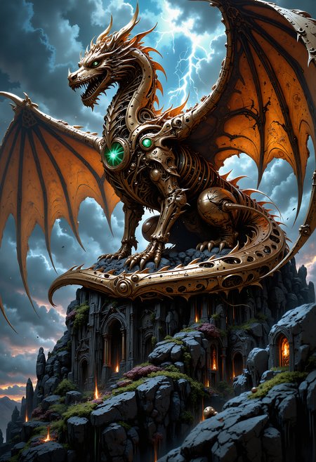 A highly detailed scene of a clockwork dragon, constructed entirely from intricate gears, cogs, and metallic components. Its wings are composed of bronze feathers, each feather etched with mechanical patterns. The dragon is perched atop a mountain of ancient ruins, its glowing emerald eyes casting an eerie light over the scene. The sky above is a stormy mix of swirling clouds and lightning, illuminating the dragonâs gleaming surface. The overall atmosphere is dark, mysterious, and filled with a sense of ancient power and advanced technology. The scene is hyper-realistic with a steampunk aesthetic, combining fantasy and industrial elements.   <lora:FluxMythP0rtr4itStyle:0.8> MythP0rt, <lora:aidmaImageUpgrader-FLUX-V0.1:0.33> detailmaximizer,  <lora:flux_vividizer:0.33> <lora:artilands:0.33>
