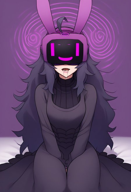 high quality, good quality, perfect quality, amazing quality, high res, masterpiece, score_9, score_8_up, score_7_up, source_anime, best quality, hex maniac, hairband, messy hair, purple hair, purple hairband, black dress, dress, long dress, long sleeves, juliet sleeves, zkovisor, hypnotic visor, helmet, rabbit ears, :), mind control, hypnosis, saliva, drooling, spiral, eyes covered