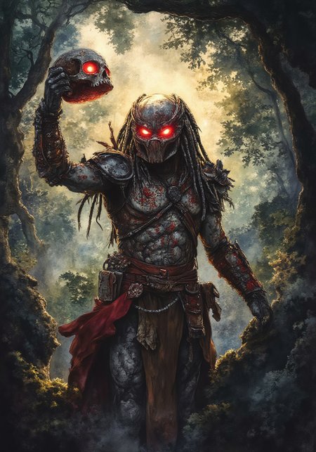inspired in the movie predator: the prey (2019), and predator holding in his hand a bloody human skull, the human skull still has the spine, he raises his hand in sign of victory, a great thunder glows behind him, illuminating him, the sky is cloudy, The Predator's red eyes glow brightly, the predator screams, he is standing on the branch of a giant tree, in a jungle, epic and horror scene, the photo is completely cinematic, 