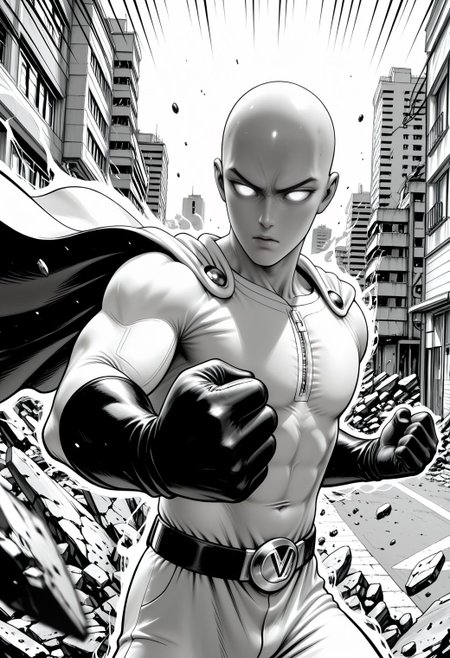 SmoothNoob_Quality, (Murata Yuusuke:1.5), manga style, greyscale, 1boy, male focus, saitama \(one-punch man\), superhero costume, cape, gloves, bald, toned, shaded face, glowing eyes, no pupils, debris ,fighting stance, emphasis lines, incoming attack, clenched hands, cowboy shot, building, destruction, street, foreshortening,​​​ aura,