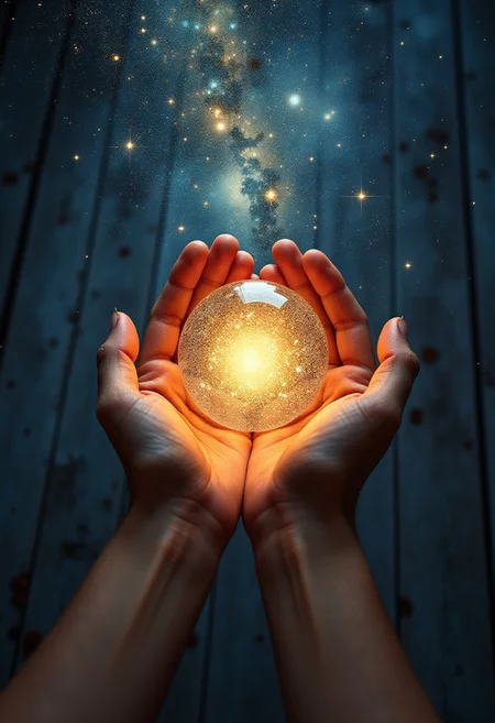 POV, you looking at your hands and your hands turning in to the starry sky, hands holding a glowing orb, abstract beautiful art, old wooden floor as a background