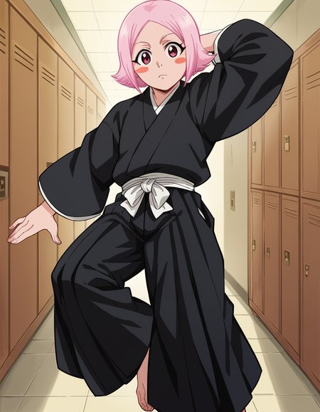 score_9, score_8_up, score_7_up, source_anime, <lora:yachiru-kusajishi-anime-ponyxl-lora-nochekaiser:1>, yachiru kusajishi, short hair, pink hair, pink eyes, blush stickers, forehead,, long sleeves, japanese clothes, hakama, black hakama,, school hallway, lockers, between classes, everyday life, , looking at viewer, foot forward, hand behind head, elbow down, solo,, cowboy shot, dutch angle