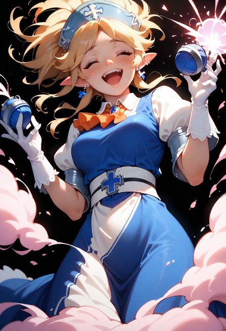 1girl, solo, yukaridef, hat, cross earrings, blue dress, orange ascot, white shirt, white gloves, holding grenade,  laughing, leaning back, closed eyes, dark background, pink explosion, heart background, feet out of frame, three quater view, backlightling, masterpiece, best quality, very aesthetic, absurdres