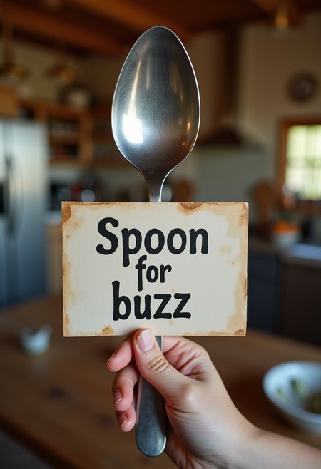 a large metal table spoon  close up portrait photo , holding a sign  "spoon for buzz"  400H film, background of a farm house kitchen