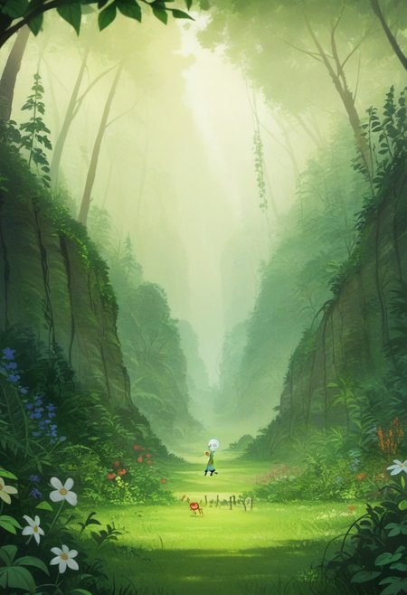 score_9, score_8_up, score_7_up, AislingF, white hair, very long hair, green eyes, black eyebrows, pixar style, outdoors, nature, plants, flower,
