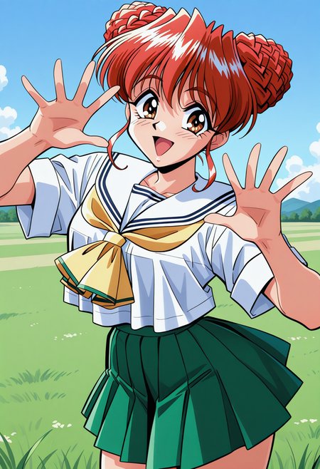 tani_yurika, brown eyes, red hair, hair bun, double bun, school uniform, serafuku, white sailor collar, yellow neckerchief, white shirt, short sleeves, green skirt, pleated skirt, <lora:Graduation_tani_yurika_illustrious_ver1:0.8>
smile, open mouth,, masterpiece, best quality, very aesthetic, absurdres, general,, 1girl, solo, blue sky, (grasslands:1.2), looking at viewer,, (cowboy shot, dynamic pose:1.4),