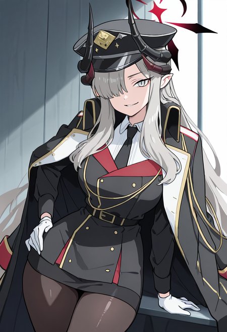 masterpiece, best quality, solo, curvy, beautiful eyes, narrow waist, wide hips, 1girl, solo, smile, looking at viewer,  zzMakoto, horns, long hair, grey hair, demon horns, black horns, halo, multiple horns, pointy ears, grey eyes,    black coat, black headwear, black necktie, coat on shoulders, collared shirt, long sleeves, military uniform, white gloves, black belt, white shirt, black pantyhose, black jacket, black skirt,  <lora:HanumaMakotoBlueArchive_IXL_v1:1.0>,  , cowboy shot, leaning forward, smile, looking at viewer, shiny skin,