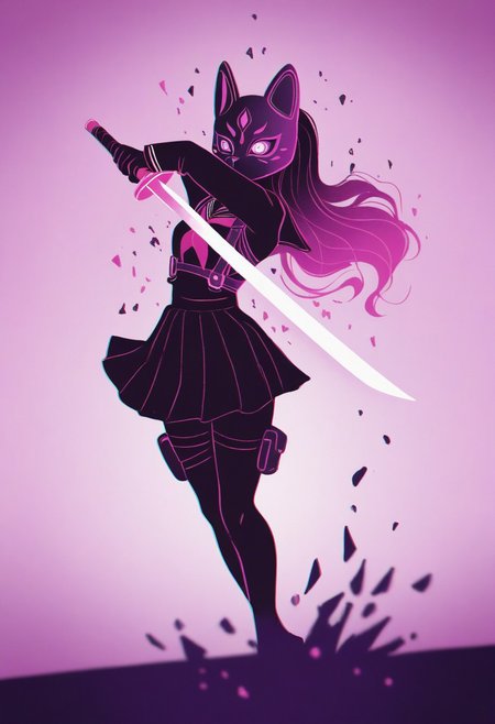 MSMLN, 1girl, action pose, fox_mask, fox fire, mechanical eye, holding sword, school uniform, harness, thigh pouch, silhouette art, glitch art, virtual, colored shadow, geometry, monochrome, local color adaptation, hdr, (disintegration effect:1.4), (chromatic aberration, polarized:1.2), (blurry:1.4), masterpiece, best quality, amazing quality, very aesthetic, absurdres, newest,
