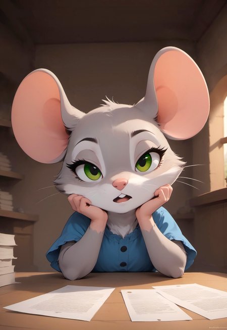 score_9, score_8_up, score_7_up, score_6_up, score_5_up, score_4_up, m0use_goldie, female, (cute), blue frilly shirt, grey fur, green eyes, (elbow rest:1.5), indoors, cottage, (papers:1.3), (side view:0.6), (bored:1.5), (chibi:0.2), (open mouth), (low angle view)