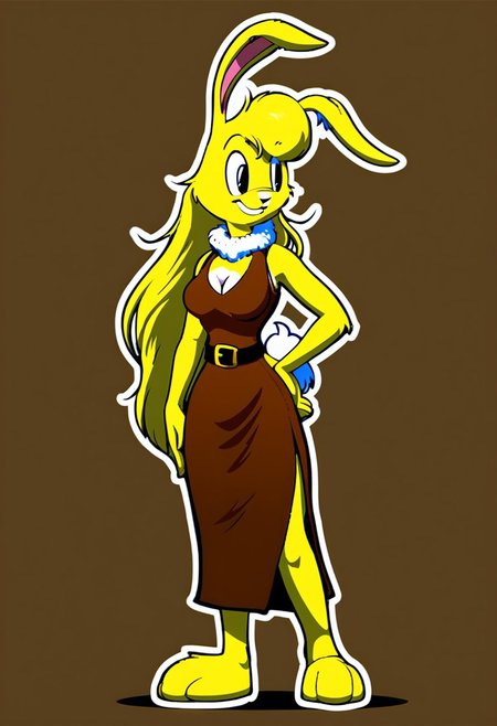 score_9, score_8_up, score_7_up, score_6_up, score_5_up, score_4_up, retro artstyle, BREAK 
LoriJackRabbitPXL,1girl, breasts, dress, furry female, solo, animal ears, blonde hair, furry, long hair, cleavage, hand on own hip, tail, rabbit ears, rabbit girl, large breasts, smile, sleeveless dress, standing, outline, body fur, sleeveless, signature, belt, yellow fur, closed mouth, bare shoulders, brown dress, looking to the side,rabbit ears, brown background, rabbit tail, white outline, simple background, two-tone fur, animal nose, black eyes, happy
<lora:lorijackrabbit-v1:0.9>