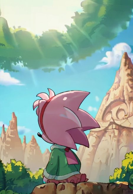 score_9, score_8, score_7, source_furry, amiroze, mountain, nature, miniskirt, long sleeves, dress, green sweater, bare tree, flat chest, sunlight, from behind