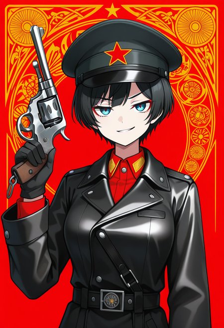 Graphic Design, color art, vibrant colors, colorful, intricate details, high contrast, detailed background, beautiful detailed, beautiful face, detailed eyes, detailed face, newest, new, 1girl, solo, black hair, short hair, blue eyes, military uniform, soviet, upper body, medium breasts, dynamic pose, looking at viewer, smirk, n4g4n, gun, holding weapon, revolver, (black leather coat:1.3), peaked cap, red star (symbol), 