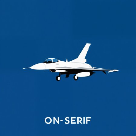 <lora:F-16_Illustrious:1>  f-16, text, simple background, solid color background, centered text, sans-serif, graphic design, logo, flat color, minimalism, white text, blue background, airplane, military, masterpiece, best quality, amazing quality