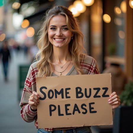 cute woman holding a sign "some buzz please"