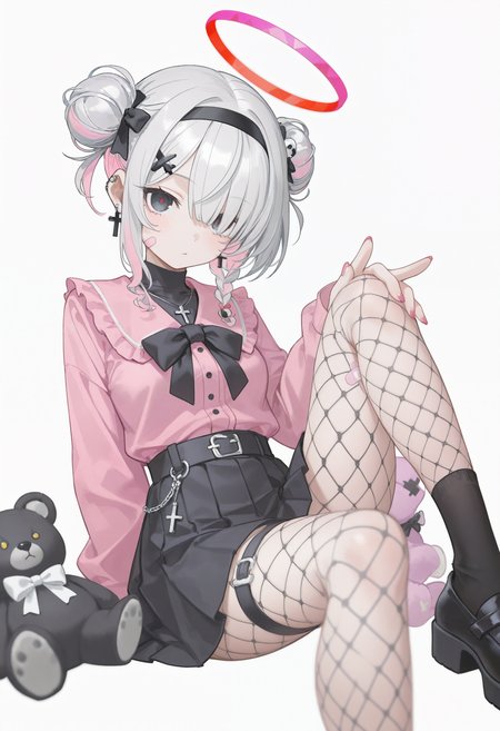 embedding:lazypos, 1girl, solo, large breasts, looking at viewer, blush, short hair, simple background, shirt, skirt, long sleeves, hair ornament, white background, closed mouth, jewelry, sitting, white hair, pink hair, grey hair, braid, multicolored hair, pantyhose, earrings, pleated skirt, frills, hairband, shoes, alternate costume, black skirt, black footwear, necklace, hair bun, nail polish, hair over one eye, black eyes, halo, black pantyhose, thigh strap, stuffed toy, black hairband, stuffed animal, cross, fishnets, bandaid, colored inner hair, pink nails, pink shirt, blurry foreground, teddy bear, fishnet pantyhose, bandaid on face, pink halo, cross necklace, bandaid on leg, red halo, cross hair ornament, skull hair ornament, cross earrings, bandaid on cheek, latin cross, jirai kei, bandaid hair ornament, plana (blue archive)
