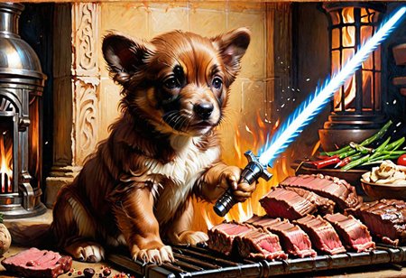 puppy wolverine Obi-Wan, grilling beef on light saber, 
Oil Painting, 
(Renaissance Paintings, Renaissance style, beautiful, painterly, detailed, textural, artistic),  (((intricate details, highly detailed, ultra-detailed, absurdres))), (unreal engine, octane rendering, Anti-Aliasing, sharp focus, natural lighting, high saturation, high contrast, vivid, vibrant, studio lighting, best texture quality), beautiful detailed scenery,