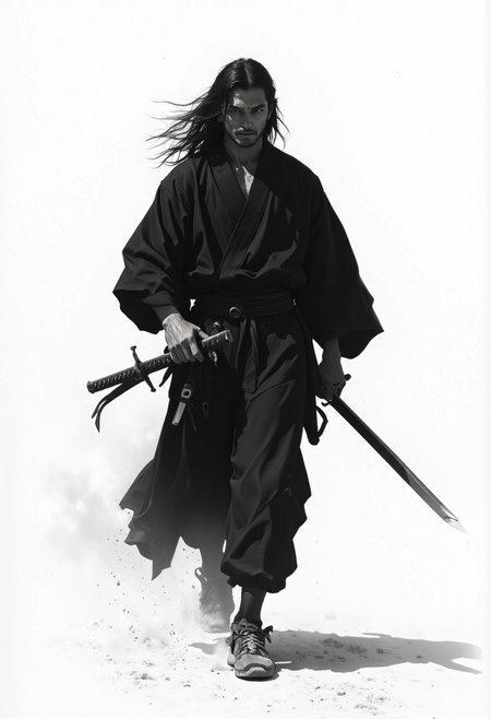 portrait, 1boy, solo, long hair, Japanese clothing, black clothing, samurai, (hakama), (holding weapon, katana), plain tree, sheath, shadow, ink painting, [[greyscale]], simple background, ((windy)), dust, [cowboy shot], walking toward viewer, POV, ((Akira Kurosawa film)), cinematic lighting, (masterpiece:1.2), best quality, DeepNegative_xl_v1