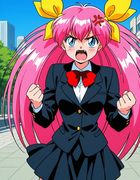 general,highres, ultra-detailed,very aesthetic,best quality ,best hands,  BREAK <lora:Hanasaki_Momoko_IS:1>Hanasaki_Momoko, 1girl,solo, long hair, pink hair, blue eyes, yellow bow, breasts, a, hair bow, twintails, very long hair, hair ribbon, 1990s (style),anime coloring, smile,looking at viewer, cowboy_Shot,
1girl, solo, angry,  open mouth, fangs, anger vein, ribbon, school uniform, bow, long hair, black jacket, upper body, hair ribbon, blazer, looking at viewer, 
slit pupils, blush, shouting, fang, shirt, yellow ribbon, bowtie, bangs, black skirt,
outdoor, day, sky, city,