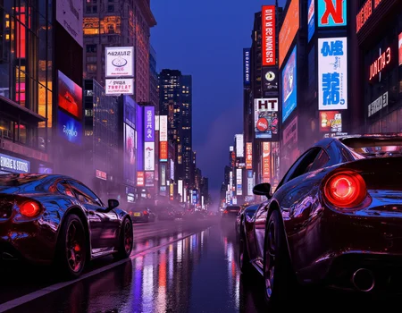 <lora:Staggering:0.85> staggering, A vibrant, photorealistic 3D render of a futuristic cityscape at dusk, neon signs reflecting on polished chrome vehicles, volumetric lighting enhancing atmospheric fog, highly detailed textures on sleek architectural designs. . 35mm photograph, film, bokeh, professional, 4k, highly detailed