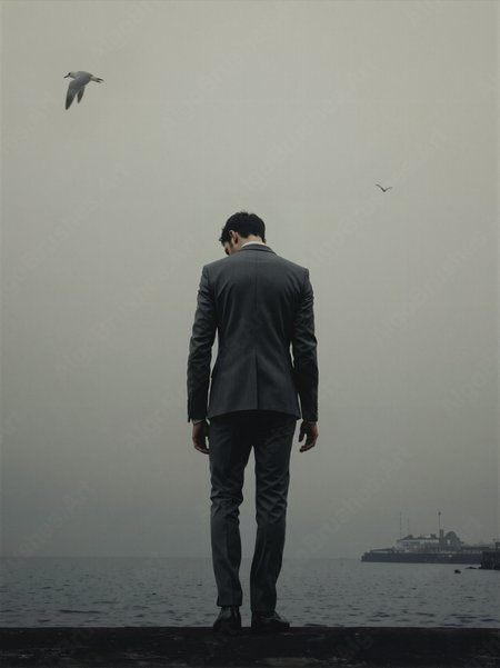 A solitary muscular man in a charcoal-gray suit stands at the edge of a fog-drenched pier, painted in the moody tonalism of James Abbott McNeill Whistler. The scene is monochromatic, with gradients of slate and pearl, the horizon blurred into abstraction. His posture is rigid yet melancholic. Thin brushstrokes mimic the hazy atmosphere, while a single distant seagull punctuates the emptiness. The composition balances minimalism with emotional weight.
