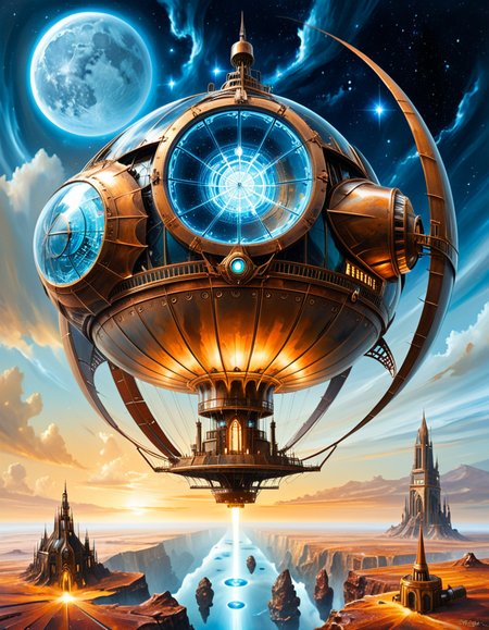 A surreal, steampunk-style painting in the style of JarosÅaw Jasnikowski, depicting a colossal, gothic-mechanical spaceship drifting through the vastness of space. The ship is inhabited by the remnants of humanity, fully transformed into biomechanical cyborgs. The vessel is an ornate fusion of cathedral-like architecture and industrial machinery: bronze towers, rotating gears, stained glass panels glowing with alien light, and massive turbines spinning slowly in zero gravity. Cyborg figures walk along the outer hull, tethered by glowing cables, maintaining the vessel as it glides through a star-filled void. Their bodies are a blend of flesh and complex mechanical systemsâcogs, tubes, exposed circuitry, and metallic limbsâall designed in an absurd, baroque fashion. The backdrop is a deep cosmic expanse with nebulas, stars, and shattered planetary fragments floating around. The lighting is dramatic, with reflections bouncing off polished metal surfaces, casting surreal, elongated shadows. The scene conveys both grandeur and loneliness, emphasizing the transformation of humanity into a forgotten, drifting civilization. The atmosphere is deeply symbolic, with Jasnikowskiâs signature distorted perspective and dreamlike, metaphysical tone.<lora:SDXLFaeTastic2400:0.4> <lora:extremely_detailed:0.4> extremely detailed, <lora:JarosÅaw_J4sn1k0wsk1_r1:1>,JarosÅaw J4sn1k0wsk1, Masterpiece,best quality,hi res,8k,hi res,8k,award winning,(sharp focus, intricate, highly detailed),