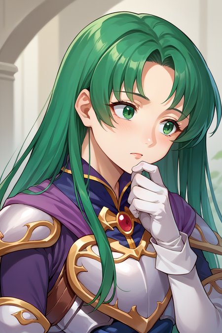 score_9, score_8_up, score_7_up, score_6_up, source_anime, BREAK 1girl, solo,  <lora:fececilia-pdxl-nvwls-v1-000005:1> defCeci, green hair, green eyes, brooch, armored dress, purple dress, elbow gloves, white gloves, belt, thinking, hand to chin, stroking own chin, upper body