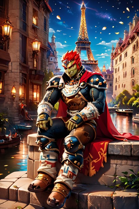 score_9, score_8_up, score_8,   BREAK, , ,,, zzGanondorf, 1boy, red hair, dark skin, armor, gloves, jewelry, boots, muscular, shoulder pads, short hair, cape, <lora:Ganondorf_OoTZelda_PDXL:0.8>,   ,,,, BREAK, zzEiffelTower in background, sitting, watercraft, boat, sitting on wall, side view, looking at viewer, smile, ,,, BREAK, blooming stars, luminescent petals, otherworldly fragrance blurry background, ,,, embedding:zPDXL, Expressiveh, ,,, <lora:EiffelTowerPDXL:0.8>, <lora:CatalystStylePDXL:0.6>, <lora:SDXLFaeTastic2400:0.5>, <lora:Expressive_H-000001:0.4>,
