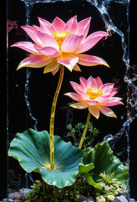 Ultra-realistic 8K resolution, Octane render, Unreal Engine 5 masterpiece, dark academia aesthetic, enchanted glass terrarium containing: two Sacred Lotus with translucent pink gemstone petals (vitreous refraction), metallic green stems (bioluminescent vascular system), bright yellow and green core, fractured amber glass veins pulsing with trapped starlight, quantum foam escaping through dimensional cracks, non-Euclidean spacetime geometry, vantablack void background with gravitational lensing distortion, chrono-crystalline lattice framework, volumetric photon mapping event horizon glow, subsurface scattering in petal nanostructures, hyperdetailed microbiology under gemstone epidermis, gothic biodigitalpunk style blending ZdzisÅaw BeksiÅski and Ernst Haeckel, photorealistic macro photography meets celestial cartography,  <lora:flux.1_lora_flyway_Epic-detail_v2:0.4> <lora:flux-photo_v6:0.4> <lora:FluxDFaeTasticDetails:0.4> <lora:42lux-UltimateAtHome-flux-highresfix:0.25>