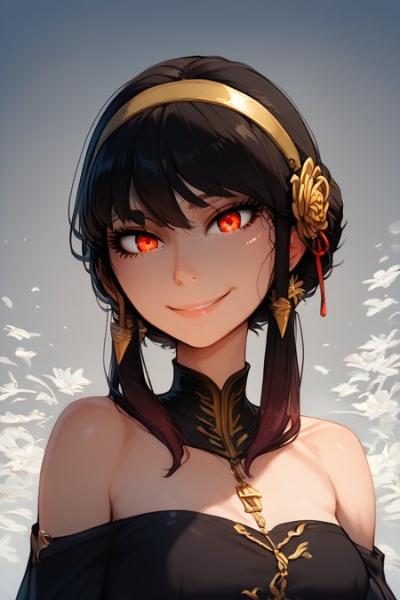score_9, score_8_up, score_8, medium breasts, (curvy), cute, eyelashes,       BREAK, , BREAK, YorForger, 1girl, black hair, red eyes, short hair with long locks, gold hairband, hair flower, black choker, black dress, sleeveless, off shoulder, floral print, fingerless gloves, <lora:YorForgerXLpony004:0.8>,, <lora:IncaseStyle_PDXL:1.0>, , BREAK,  smile, looking at viewer, cowboy shot,  embedding:zPDXL, Expressiveh, <lora:SDXLFaeTastic2400:0.5>,  <lora:Expressive_H-000001:0.4>,
