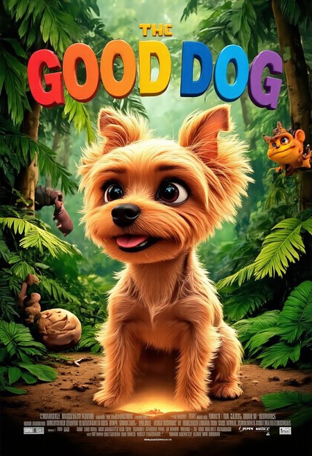 The image shows a vibrant, animated movie poster inspired by the whimsical style of a Pixar film, with a charming Yorkshire Terrier named Allab taking center stage. Allab, with her soft, golden fur and twinkling, expressive eyes, is depicted in a playful stance, ready to strike a pose. Instead of barking, she's wearing a mischievous grin, with her tiny, pink tongue peeking out. Behind her, a lush, verdant jungle unfurls, teeming with life - colorful birds, curious monkeys, and even a friendly, winking frog peeking from behind a giant leaf. The title, "The Good Dog," is written in bold, playful letters, reminiscent of Pixar's iconic typography, arching over Allab like a rainbow, with each letter subtly animated, as if wagging with life. Below, a warm, inviting glow emanates from a cozy, earthen burrow, hinting at the heartwarming adventures and lessons Allab, our unlikely hero, is about to embark on.