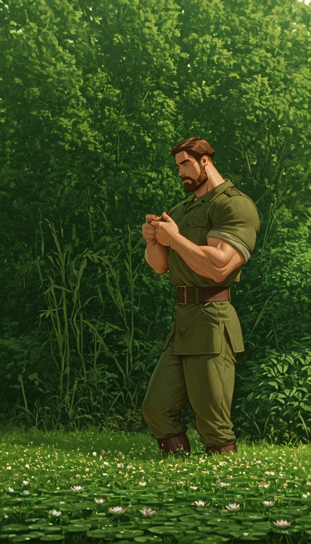 (masterpiece,best quality,amazing quality,absurdres), muscular, military,
<lora:iluha:0.8> iluha, 1boy, male focus, beard, brown hair, solo, facial hair, mustache, short hair, thick eyebrows,
 <lora:NOOB_vp1_detailer_by_volnovik_v1:1> <lora:illustrious_quality_modifiers_masterpieces_v1:1>  <lora:illustrious_h_v2:0.5> <lora:DarkerThanBlackIllustrious:0.7> 
bush, field, flower, flower field, forest, grass, lily pad, nature, no humans, outdoors, overgrown, plant, tree, weaponm, water