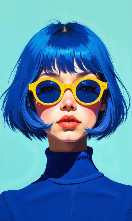 Close-up portrait of a young woman with vibrant blue bobbed hair and round, yellow sunglasses. 
The woman's skin tone is light. Her lips are a noticeable shade of coral-orange, and her expression is neutral or slightly pensive. 
The hair is a striking electric blue, painted with visible brushstrokes, giving it a textured quality. The bangs are short and neatly framing her face. 
The sunglasses are a bright, golden yellow with thick rims. The lenses are also a deep blue color. The overall style of the image is stylized, and the color palette is limited to blues and yellows. The background is a very pale, light blue.  A turtleneck-style top in a deep, slightly saturated shade of blue complements the hair color and also utilizes visible brushstrokes.
<lora:FLUX-daubrez-DB4RZ-v2:1> DB4RZ, DB4RZ style painting