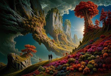 A highly detailed cinematic photography. (in full view:1.2), (seen from a distance, wide angle:0.55), <lora:FluxMythR3ALISTICf:0.7> The style of Issac Asimov,  alien plants, bioluminescent plants. Harmonious madness, synergy with chance, unique art style, mind bending art. Digital painting in a realistic style representing strange visions of A forest, struck by a meteorite that has been altered by radiation coming from the meteor. The forest, once a popular place for walks has transformed into something out of another reality. The trees, plants and animals have all begun to transform into life forms alien to earth. The wild flowers have developed unusual growth patterns, most have become vines. The trees have stayed their usual green color but their shape and size have been altered. Even nonliving things have been altered such as boulders, steel and concrete, some boulders have changed into Sapphire or quartz.    A digital rendering covering the entire area, high-res, ultra detailed, photo manipulation, altered realities, <lora:Midjourney_Whisper_Chromaplex_Velvet_Myst_v01:0.4> <lora:aiai-Glimra-Flux-Dev-v2:0.5> <lora:Epic_gorgeous_Details-flux.1:0.4> <lora:Amazing_scenery_V2:0.35> <lora:Amazing_scenery_v3:0.4> <lora:Karol_Bak_-_ArtStyle_FLUX:0.5> <lora:Strange_and_unsettling-Flux:0.7> <lora:Realism-lora-Flux:0.6> <lora:EnvyDramaticLightingXL02_photo:0.7>