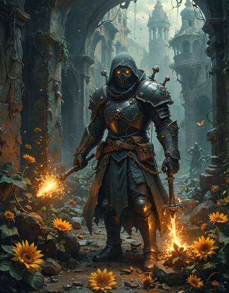 retro-futuristic (void cultist knight with singularity mace:1.2), crushing enemy helm with hydraulic-powered gauntlet, radioactive_ooze, Dark energy vineyard growing nothingness wine,  gravity rains pulling objects upward temporarily, planetary tilt altering hourly,Data coma midnight with cloud standby, A proliferation of ferromagnetic sunflowers tracking solar flares,
<lora:tbh297-sdxl:0.15>,
<lora:tbh124-sdxl:0.15> style of Jean-Antoine Watteau,
<lora:tbh189-sdxl:0.3> style of Hieronymus Bosch
<lora:add-detail-xl:0.7>,
<lora:extremely_detailed:0.7> extremely detailed,
<lora:Flux-XL_Scenery:0.15> flux-scenery,
<lora:Flux-style-xl-lora:0.15> flux-style
<lora:1dkXLP:0.15> 1dk,
<lora:PainterlyFantasiaFlux:0.15> Digital painting style,
8K resolution, ultra-detailed cinematic composition, contemporary concept art style, volumetric magical atmosphere with ethereal glow, rich complementary color palette, vivid gradients and chiaroscuro contrast, dynamic perspective with layered depth of field, inspiring awe-inspiring mood, Unreal Engine 5 render quality, intricate textures, flawless anatomy, rule of thirds composition, luminous highlights, surreal ambiance, award-winning illustration, harmonious balance of light and shadow, photorealistic details, ArtStation trending, chromatic accents, nostalgic futurism, dreamlike serenity, bold creativity, professional finish, sharp focus, ambient background, fascinating dynamic motion,, Baroque art style, dynamic composition, dramatic lighting, rich colors, intricate details, professional-grade execution, captures the grandeur and theatricality of the Baroque period, Apocalyptic surrealism art style, digital painting, eerie and haunting, surreal landscapes, dystopian ruins, twisted reality, dreamlike and nightmarish scenes, vibrant and dark color palette, intricate details, professional-grade execution, evokes a sense of doom and otherworldliness . vintage sci-fi, 50s and 60s style, atomic age, vibrant, highly detailed