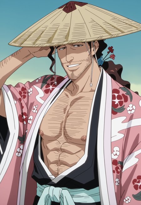 safe_pos, safe_pos, score_9, score_8_up, rating_nsfw, ultra hd, absurdres, best quality, ultra quality, masterpiece, masculine, solo, 1boy, male focus, best anatomy, best eyes, best hands, sexiest man alive, erotic, gay porn, hand with five fingers, mature male, anime screencap

BleachKyoraku, ponytail, facial hair, brown hair, haori, japanese clothes, straw hat, half body angle, nipples, looking at viewer, smiling, hand behind head, Expressiveh