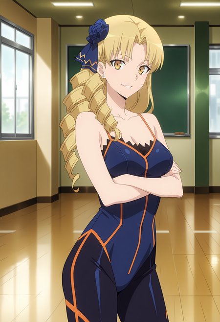 anime screencap, masterpiece, best quality,
<lora:FateSeries_LordEl-MelloiII_EdelfeltLuviagelita_IlluXL:0.75>,
1girl, solo, parted lips, light smile, grin,
drill hair, long hair, blonde hair, yellow eyes, hair bow, blue bow, stud earrings,
bare shoulders, collarbone, spaghetti strap, spandex, medium breasts, multicolored bodysuit, orange trim, blue bodysuit, black bodysuit,
crossed arms, standing, looking at viewer, cowboy shot,
indoors, gym