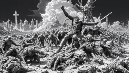 terror horror fantasy landscape, graveyard, comics, very detailed medieval warrior  holding a sword fighting against a group of esquletons, vampires and monsters, (multilayer paint splash style),  <lora:Hand v2:1> <lora:Anti-Blur:1> <lora:Insane Detail Slider:0.5>   <lora:Flux.1_Turbo_Detailer:0.6>   <lora:flux-photo-transparent_Alpha_1.0:0.8> <lora:flux.1_lora_flyway_Epic-detail_v2:1>   <lora:FluxMythP0rtr4itStyle:0.8> mythp0rt <lora:zy_Dark_Fantasy_Flux:0.5> <lora:Wraith_BW_Flux:0.2> B&W