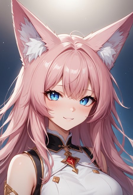 (masterpiece), (best quality), source_anime+, perfect anatomy, HD, 10k res, digital_media_(artwork) hi_res, intricate, high quality, amazing quality, Expressive Face, 
A fox girl with long pink hair and blue eyes, Drestoria-Style_V1, semi-realism, nose, Zyrnox-Exoterra Style