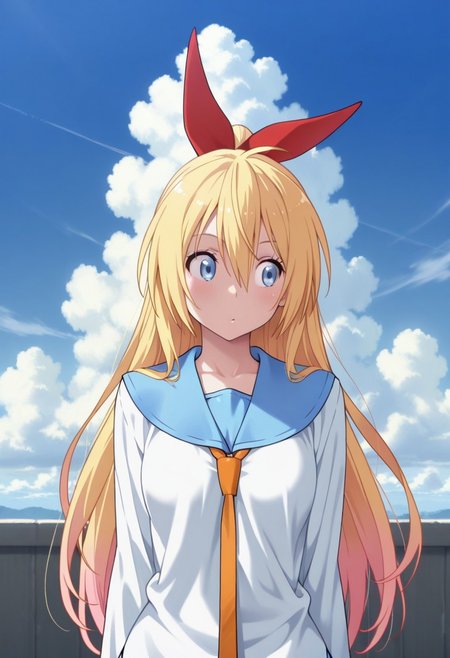 masterpiece,best quality,amazing quality, kirisaki chitoge, long hair, blonde hair, blue eyes, 1girl, solo, school uniform, cloud, ribbon, sky, hair ribbon, serafuku, orange necktie, day, necktie