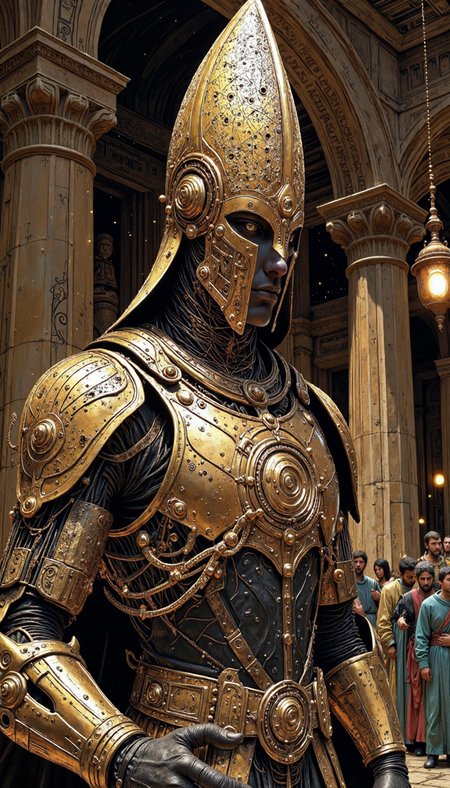 Comic book style, Astral chimerical entity in byzantine-esque regalia, obsidian and aureate hues, dynamic three-quarter shot. Diaphanous nebulae helmet reveals nebulous cosmic luminescence. Elaborate, tessellated  armillary sphere etched onto armor, echoing celestial cartography.  Sun-drenched dilapidated temple backdrop with  supplicants in ecclesiastic raiment. Accentuate meticulous  filigree and ethereal iridescence. Add  palpable  atmosphere, imbuing air with  desiccated antiquity.