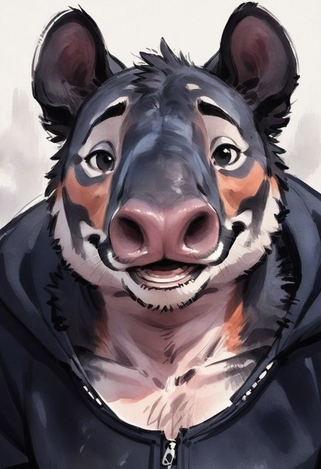 Score_9, score_8_up, score_7_up, watercolor, sketch, close up, headshot, white background,
full body, tiny tail, short fur, long nose, round nostrils, hanging nose, black fur, black eyes, mouth open, smiling, 
anthro, (source_furry), M0unta1n_Tap1r