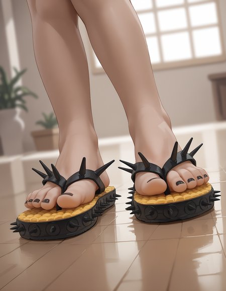 score_9, score_8_up, score_7_up, score_6_up, realistic,
foot focus, 
standing, 
1girl, 
sp1ke flip flops,
black toenail polish,
embedding:zPDXLrl ,
embedding:zPDXL2 ,