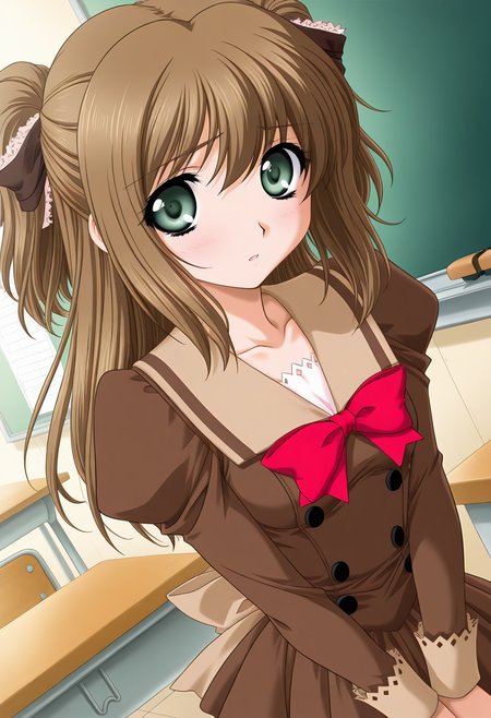 masterpiece,best quality,amazing quality, 1girl, c lip, long hair, brown hair, green eyes, hair ribbon, two side up, brown dress, red bowtie, beige bow, juliet sleeves, long sleeves, looking at viewer, indoors, chalkboard, school desk, dutch angle, collarbone, <lora:Sweet_Lip_ILLUS_c-000008:1>,