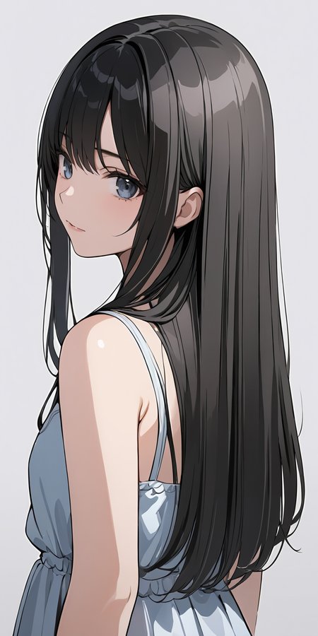 (masterpiece,ultra-detailed,best quality,8K,illustration:1.2),cute face,clean skin ,shiny hair,girl,ultra-detailed-eyes,simple background, <lora:add-detail-xl:1> <lora:straight hair_XL_V1.0:0.8> straight hair,black hair,from behind