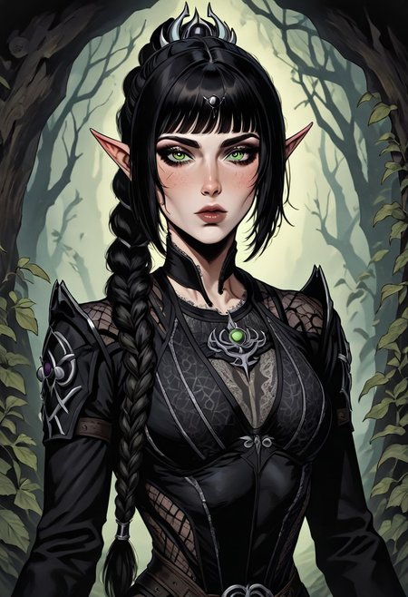 masterpiece, best quality, newest, absurdres, highres, FCMXV1.0, VGE-V1.0, goth fashion, victorian ,1girl, shadowheart \(baldur's gate\), long braid, elf, pointy ears, black hair, braid, side bangs, green eyes,